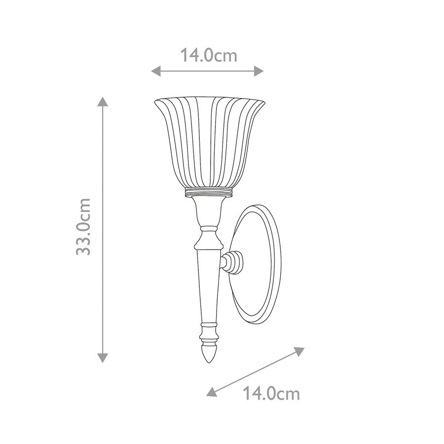 Schéma technique coté de l'applique, largeur 14 cm et hauteur 33 cm.