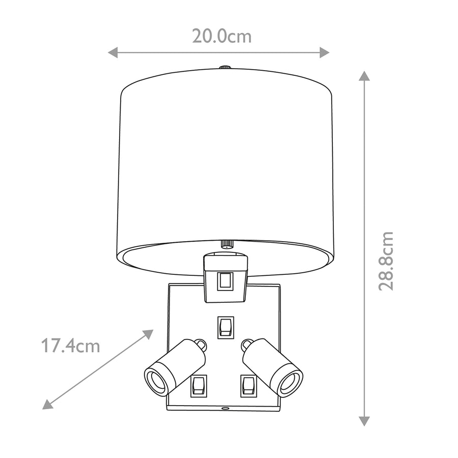 Schéma coté de l'applique : largeur 20 cm, profondeur 17,4 cm, hauteur 28,8 cm.