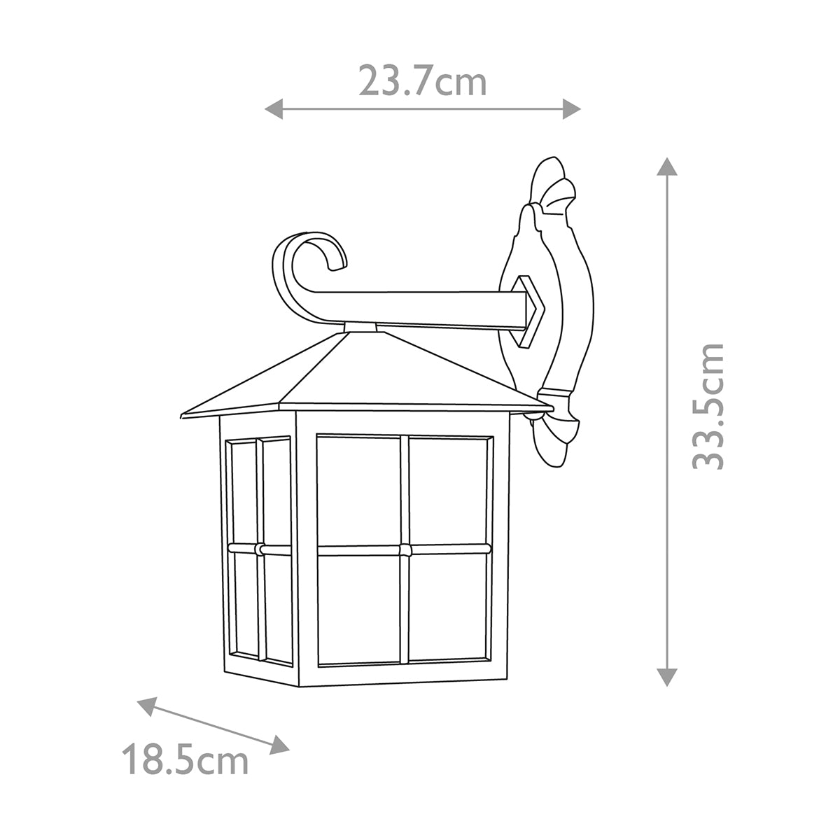 Schéma coté de l'applique : largeur 23,7 cm, profondeur 18,5 cm, hauteur 33,5 cm