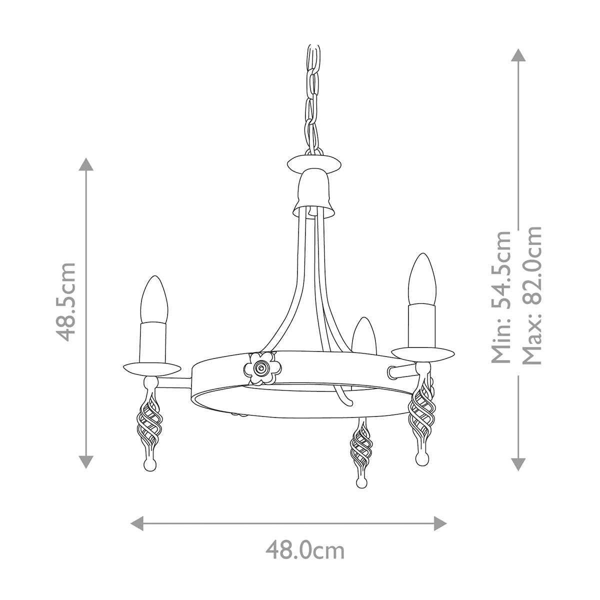 Schéma coté du lustre avec dimensions 48 cm, hauteur min 54,5 max 82 cm.