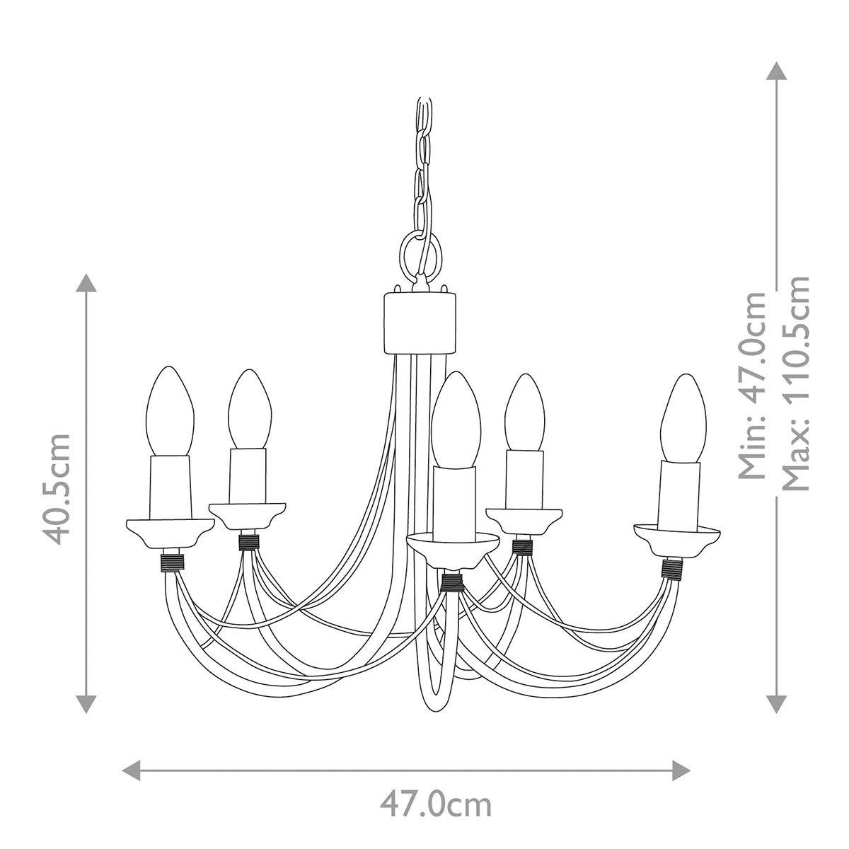 Schéma technique coté indiquant hauteur maximale et largeur du lustre suspendu