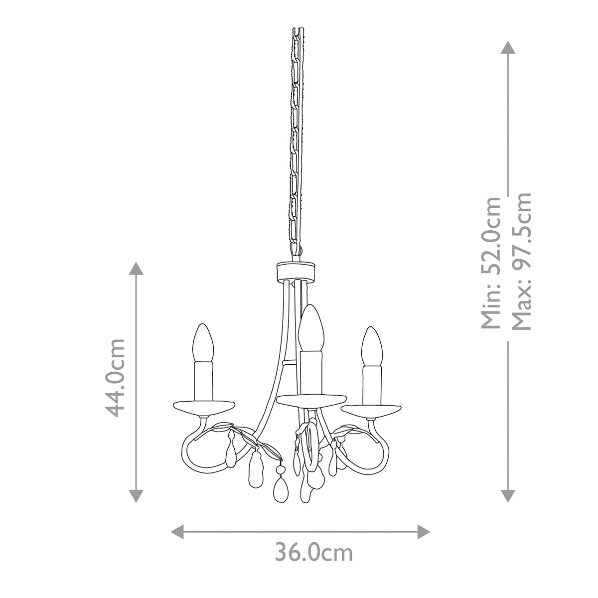 Schéma technique coté montrant hauteur minimale, maximale et largeur du lustre.