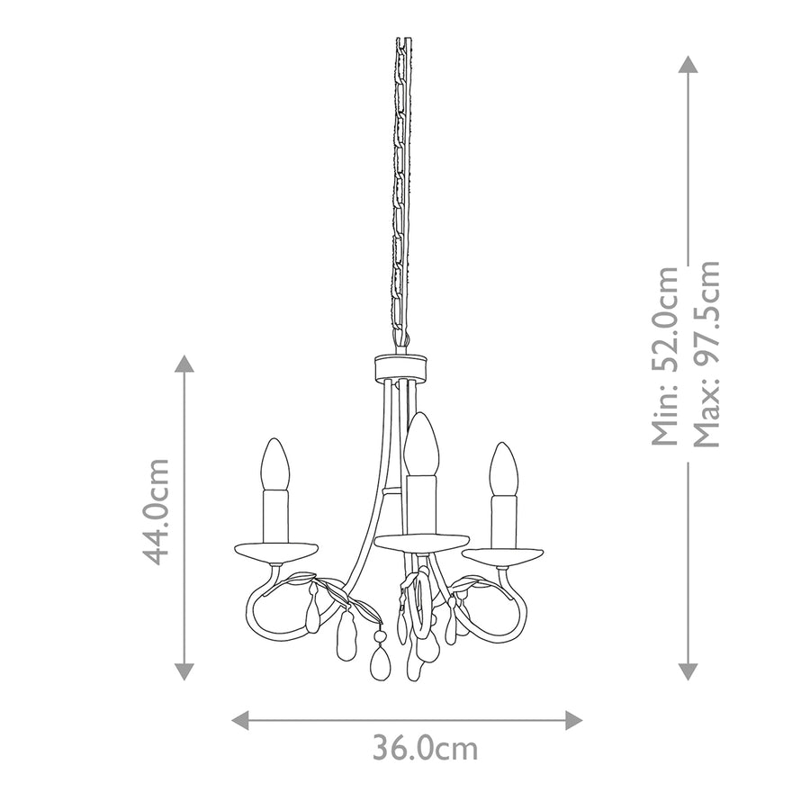 Schéma technique coté montrant hauteur minimale, maximale et largeur du lustre.