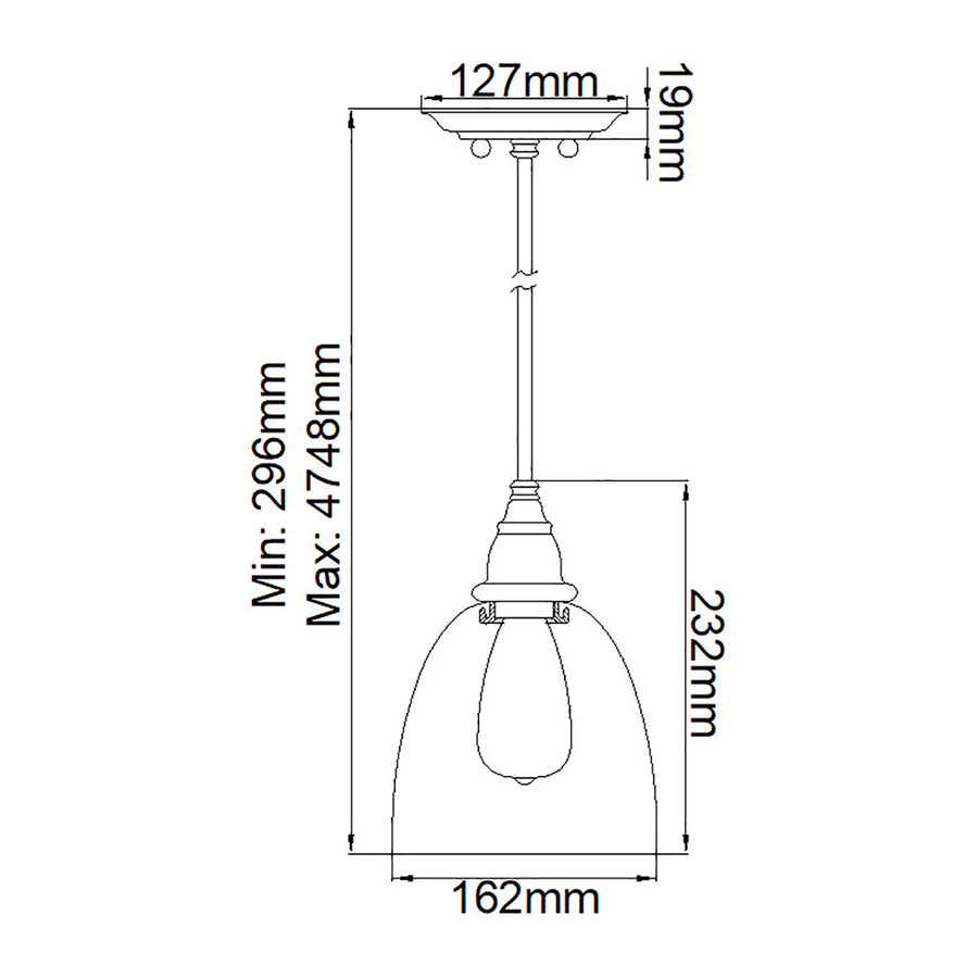 Schéma coté du luminaire indiquant hauteur minimale, maximale et diamètre de l'abat-jour
