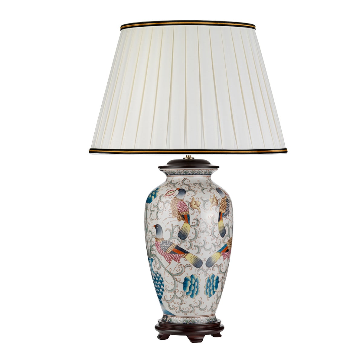 Vue complète du luminaire sur fond blanc, pied en céramique et abat-jour