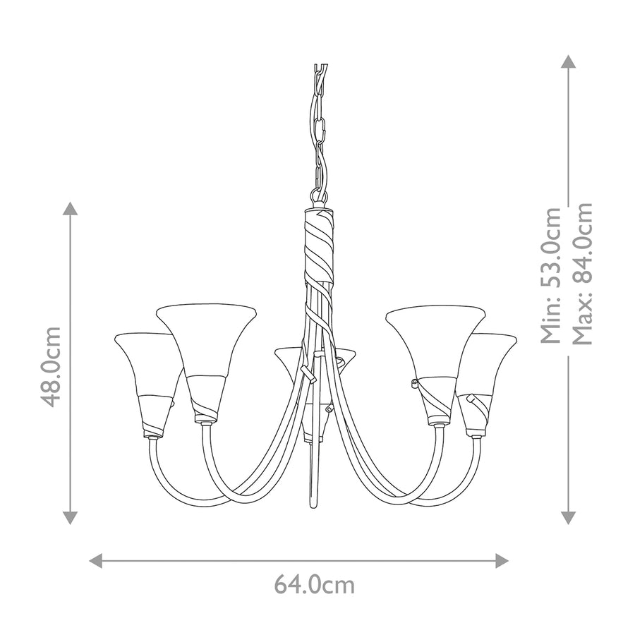 Schéma coté du luminaire : hauteur 48 cm, largeur 64 cm, suspension réglable