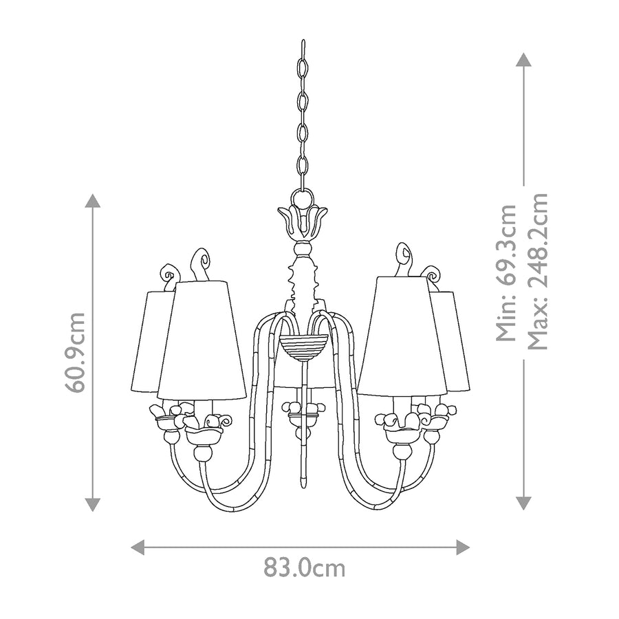 Schéma coté du lustre avec hauteur minimale et maximale et largeur