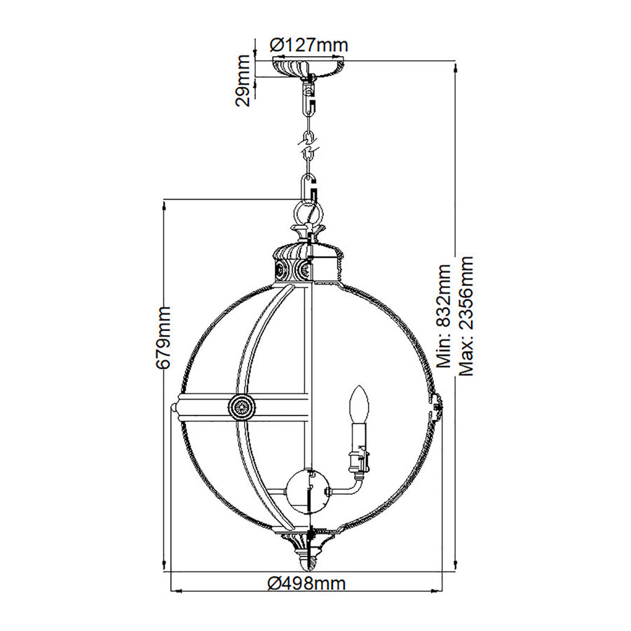 Schéma technique côtés avec dimensions du globe, hauteur et diamètre.