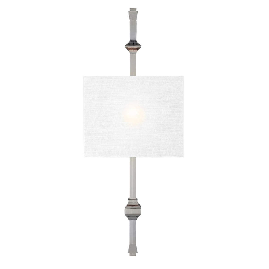 Vue d'ensemble de l'applique avec abat-jour rectangulaire, tige et finitions nickel poli.