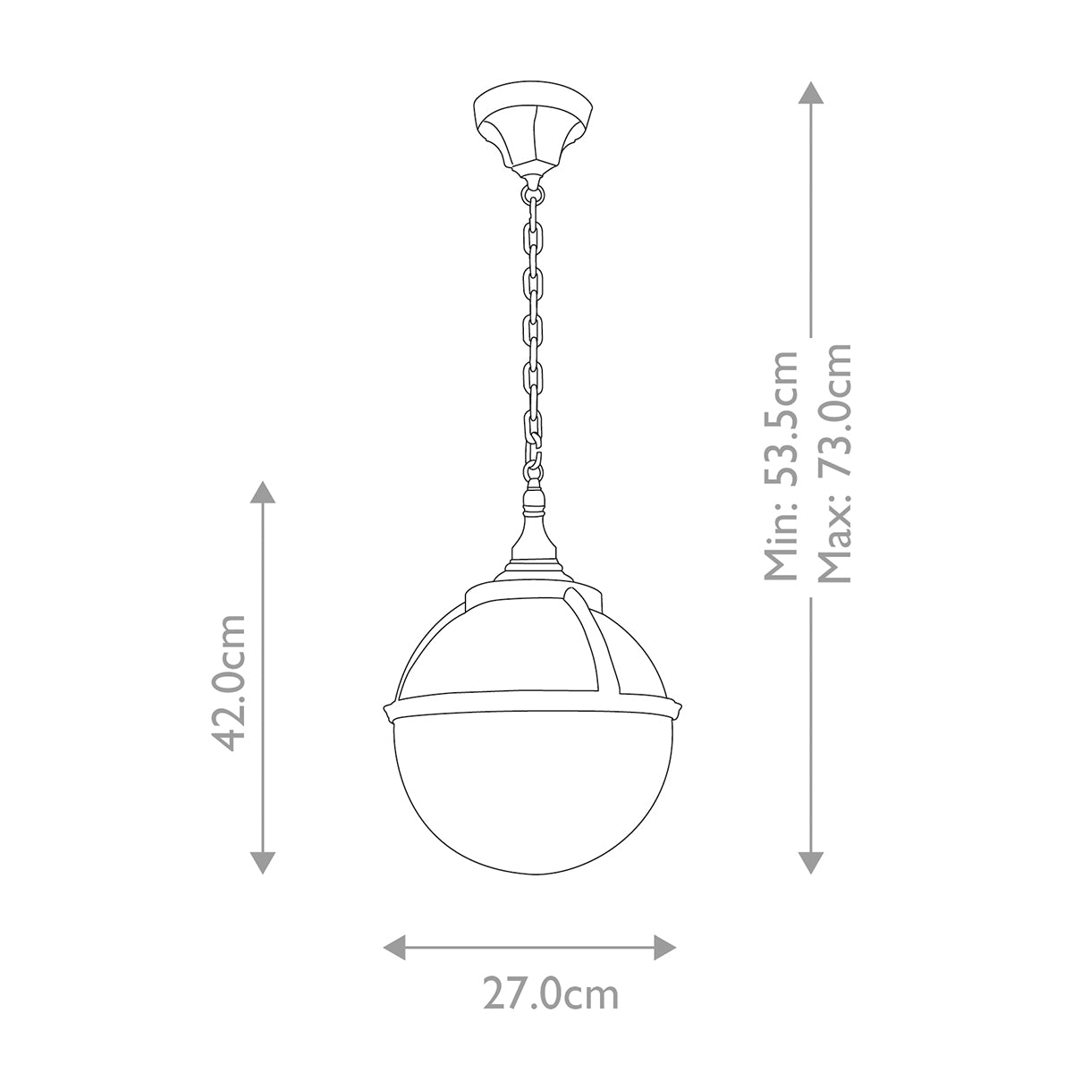 Schéma technique coté indiquant les dimensions minimales et maximales du luminaire.