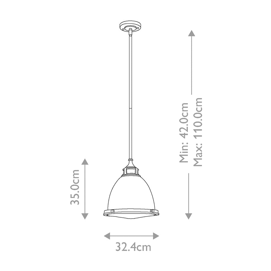 Schéma coté de la suspension : hauteur minimale 42 cm, maximale 110 cm, diamètre 32,4 cm.