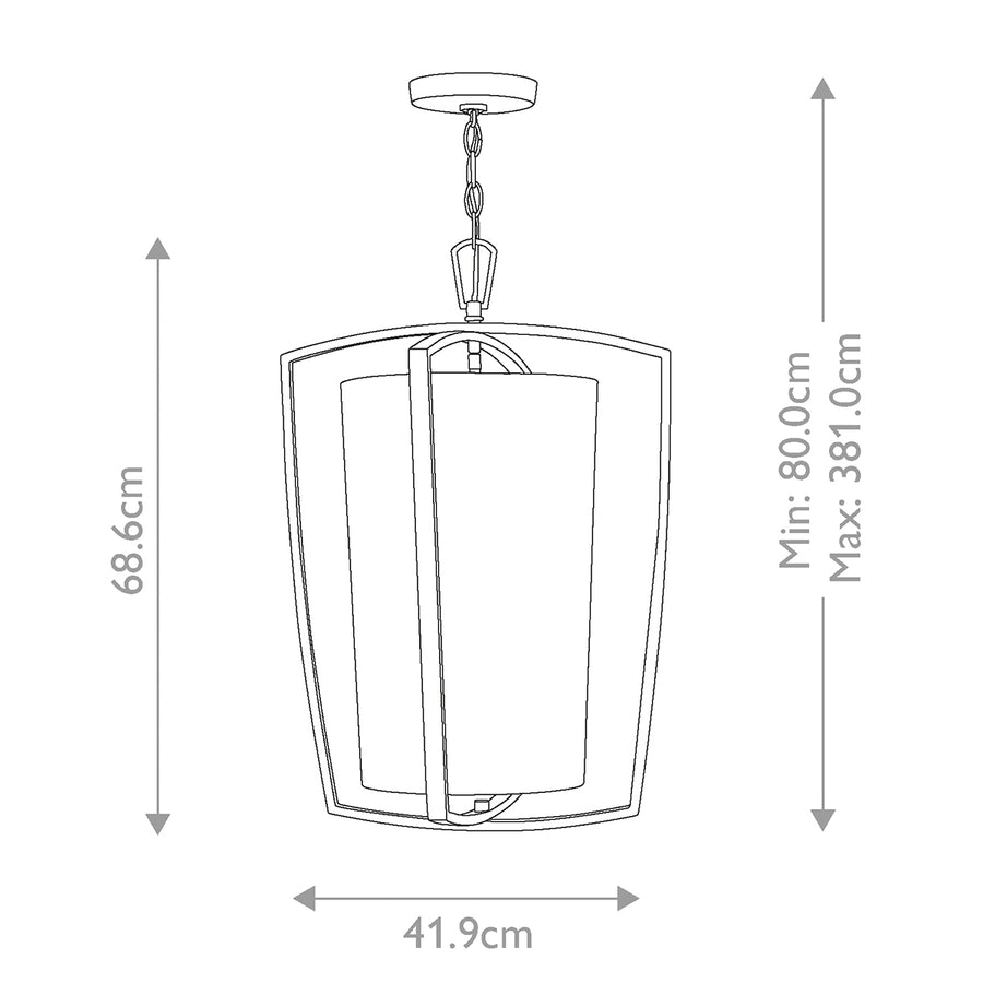 Schéma technique avec dimensions : hauteur 68,6 cm, largeur 41,9 cm et hauteur réglable de 80 à 381 cm.