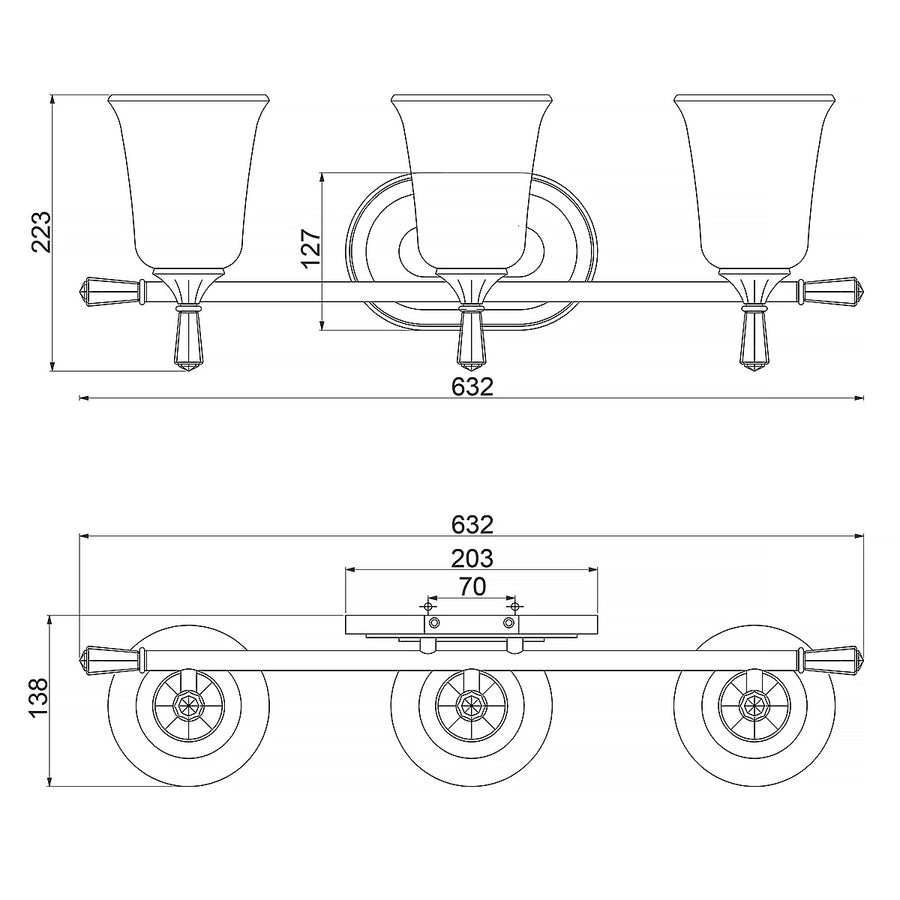Schéma technique coté présentant les dimensions de l'applique et de ses trois lampes.