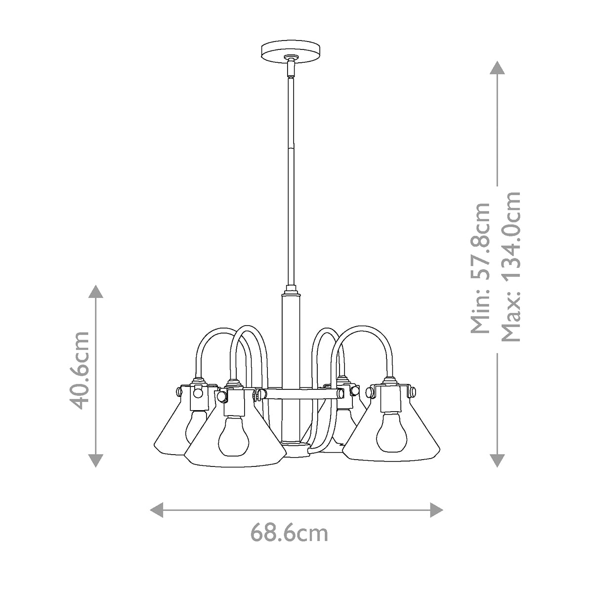 Schéma technique coté du luminaire avec hauteur minimale et maximale en centimètres.