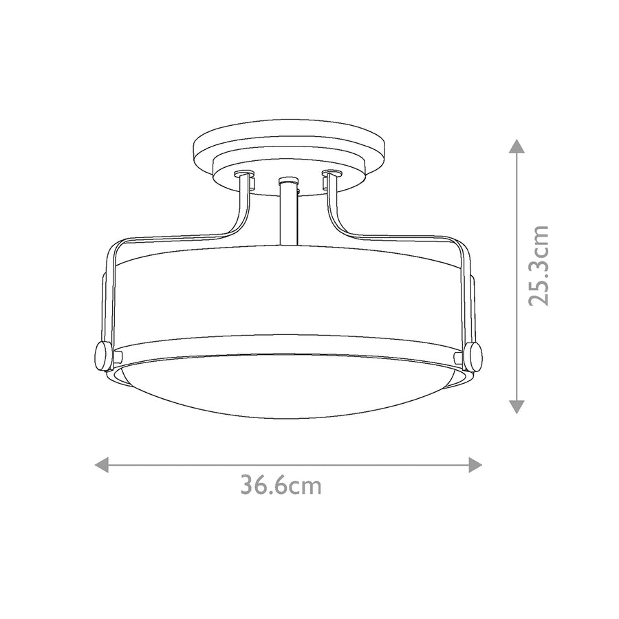 Schéma de dimensions du plafonnier : hauteur 25,3 cm et diamètre 36,6 cm