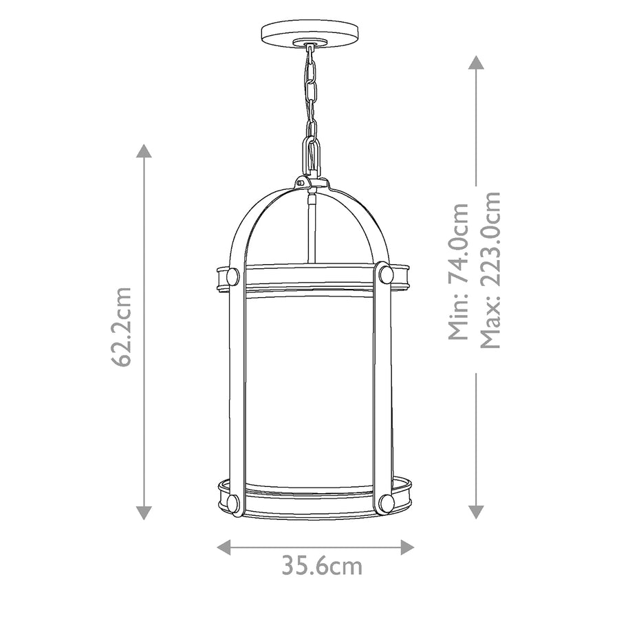 Schéma technique coté avec hauteur 62,2 cm, largeur 35,6 cm et réglage 74 à 223 cm.