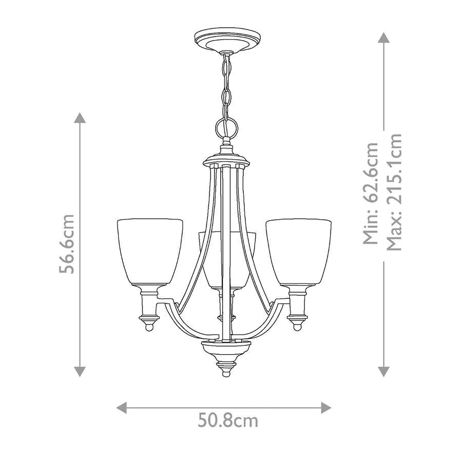 Schéma coté du lustre indiquant hauteur minimale, maximale et largeur