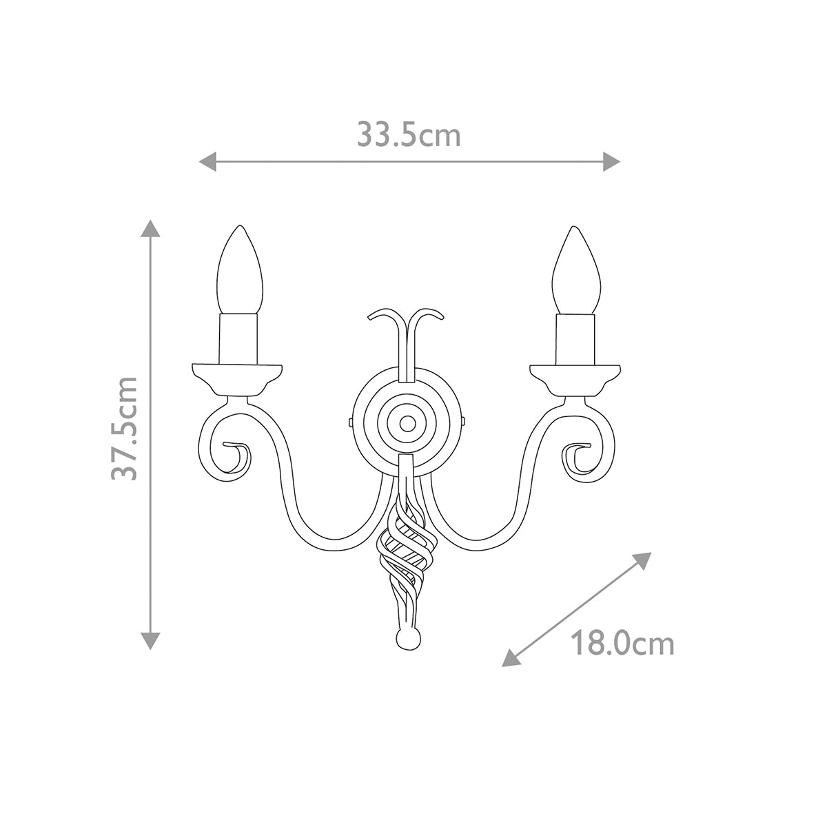 Schéma de dimensions avec largeur 33,5 cm, hauteur 37,5 cm et profondeur 18 cm.