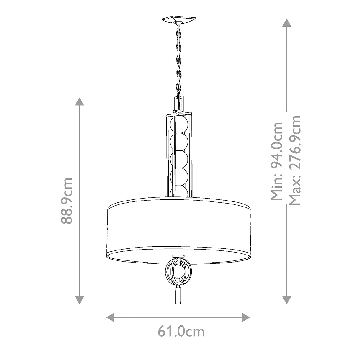 Schéma technique coté indiquant hauteur 88,9 cm et diamètre 61 cm