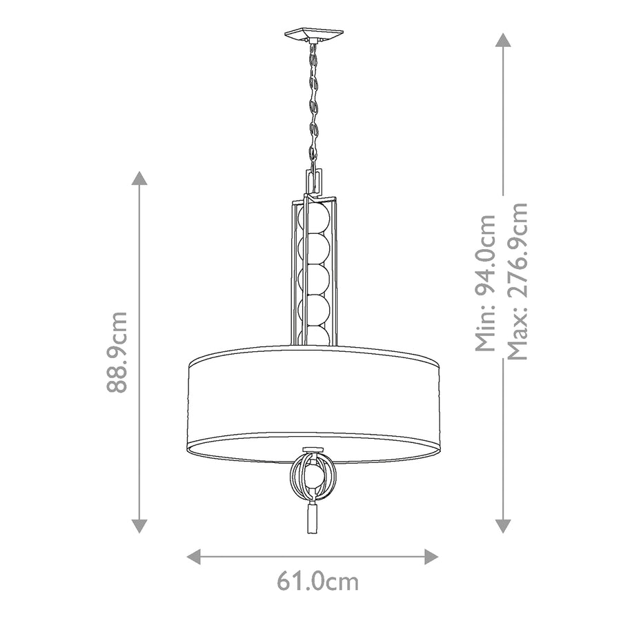 Schéma technique coté indiquant hauteur 88,9 cm et diamètre 61 cm
