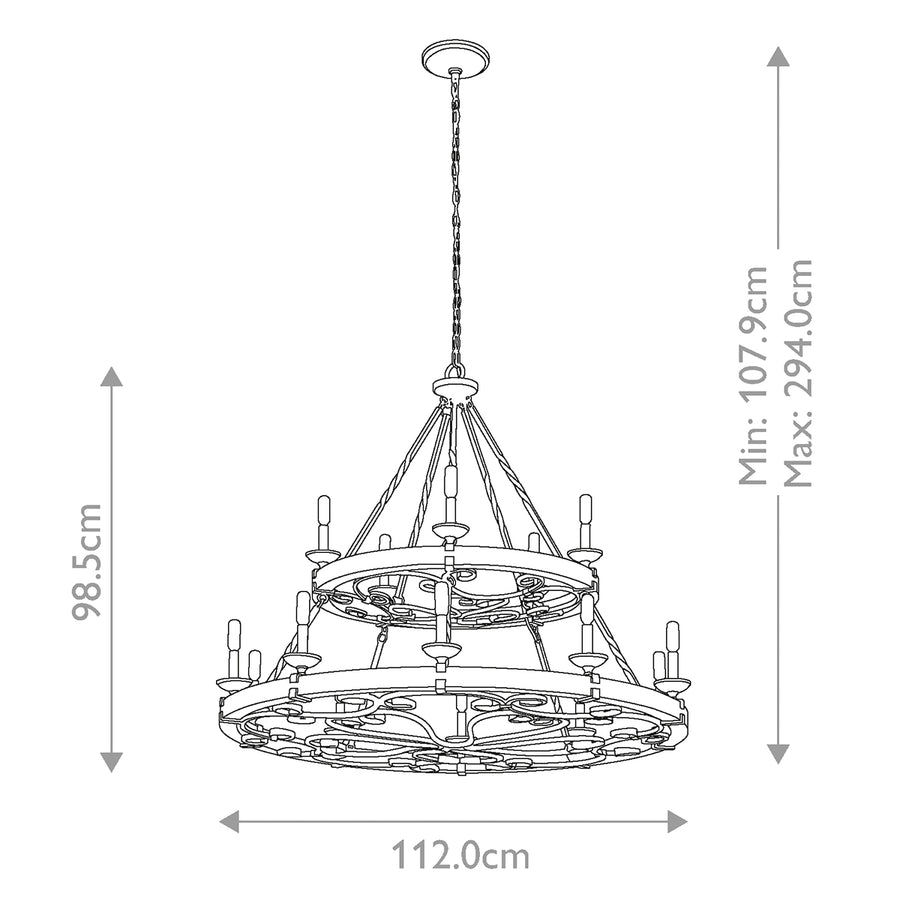 Schéma de dimensions du lustre avec hauteur réglable et diamètre indiqué en centimètres.