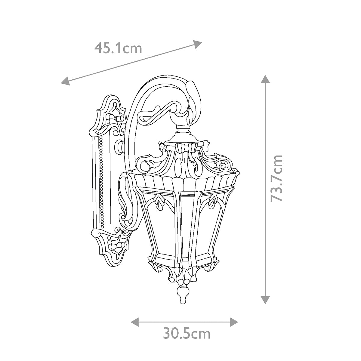Schéma coté de l'applique : hauteur 73,7 cm, largeur 30,5 cm et profondeur 45,1 cm.