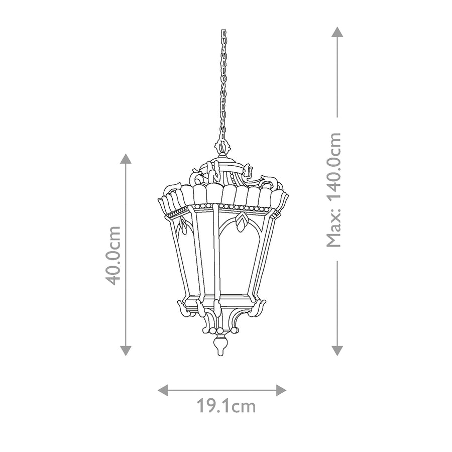Schéma coté indiquant hauteur 40 cm, hauteur max 140 cm et largeur 19,1 cm.