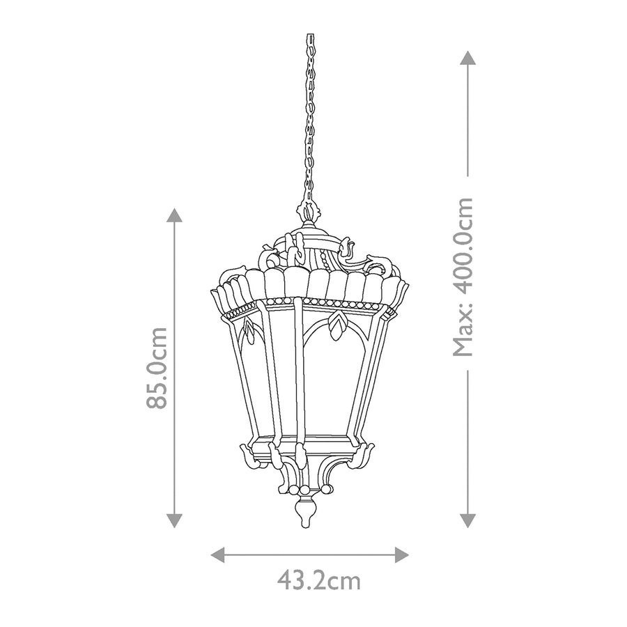 Schéma technique coté : hauteur 85 cm, largeur 43,2 cm et chaîne jusqu'à 400 cm.