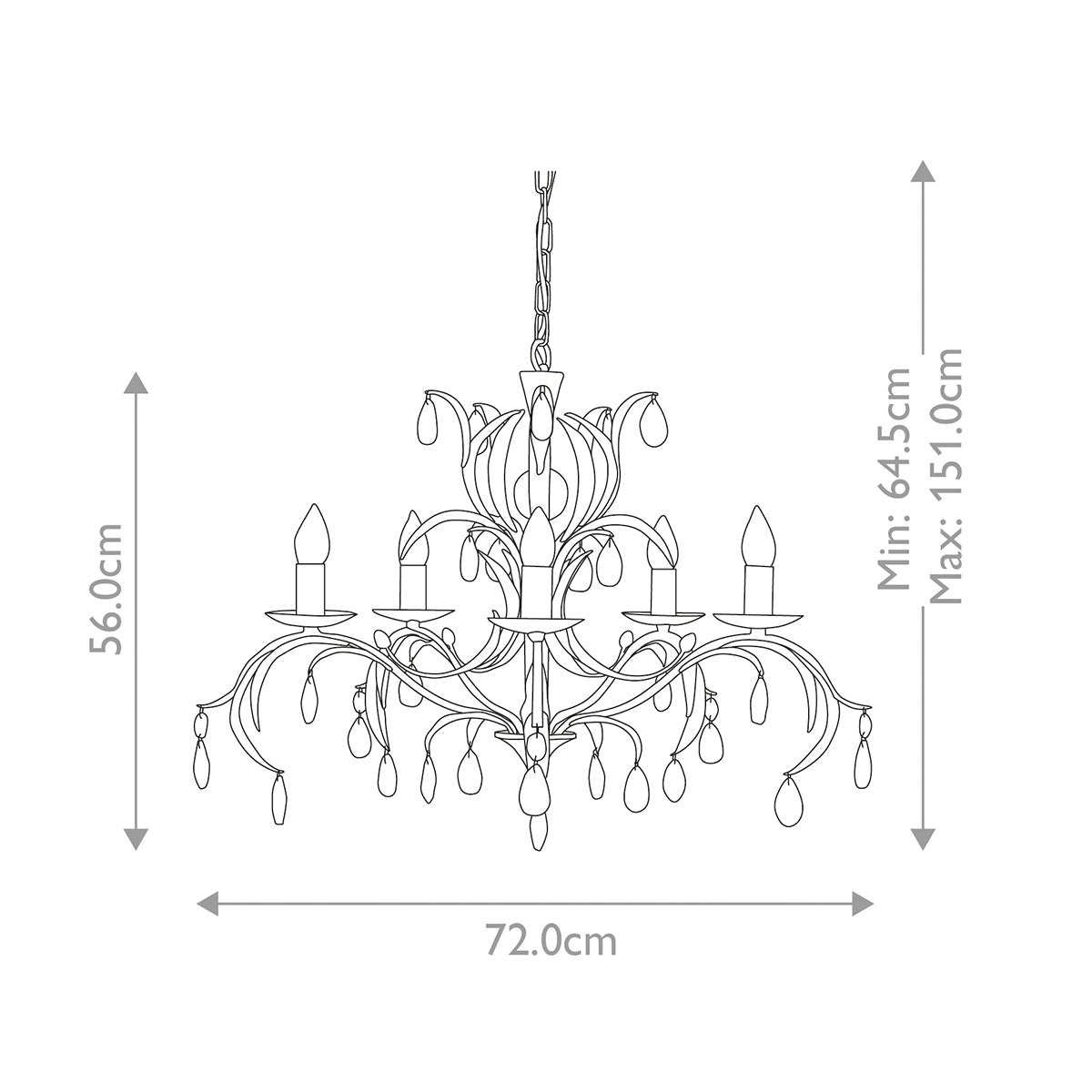 Schéma coté du lustre : hauteur 56 cm, largeur 72 cm, chaîne réglable