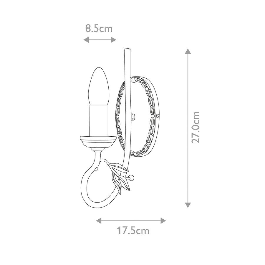 Schéma de dimensions montrant 8,5 cm de profondeur, 27 cm de haut, 17,5 cm de large