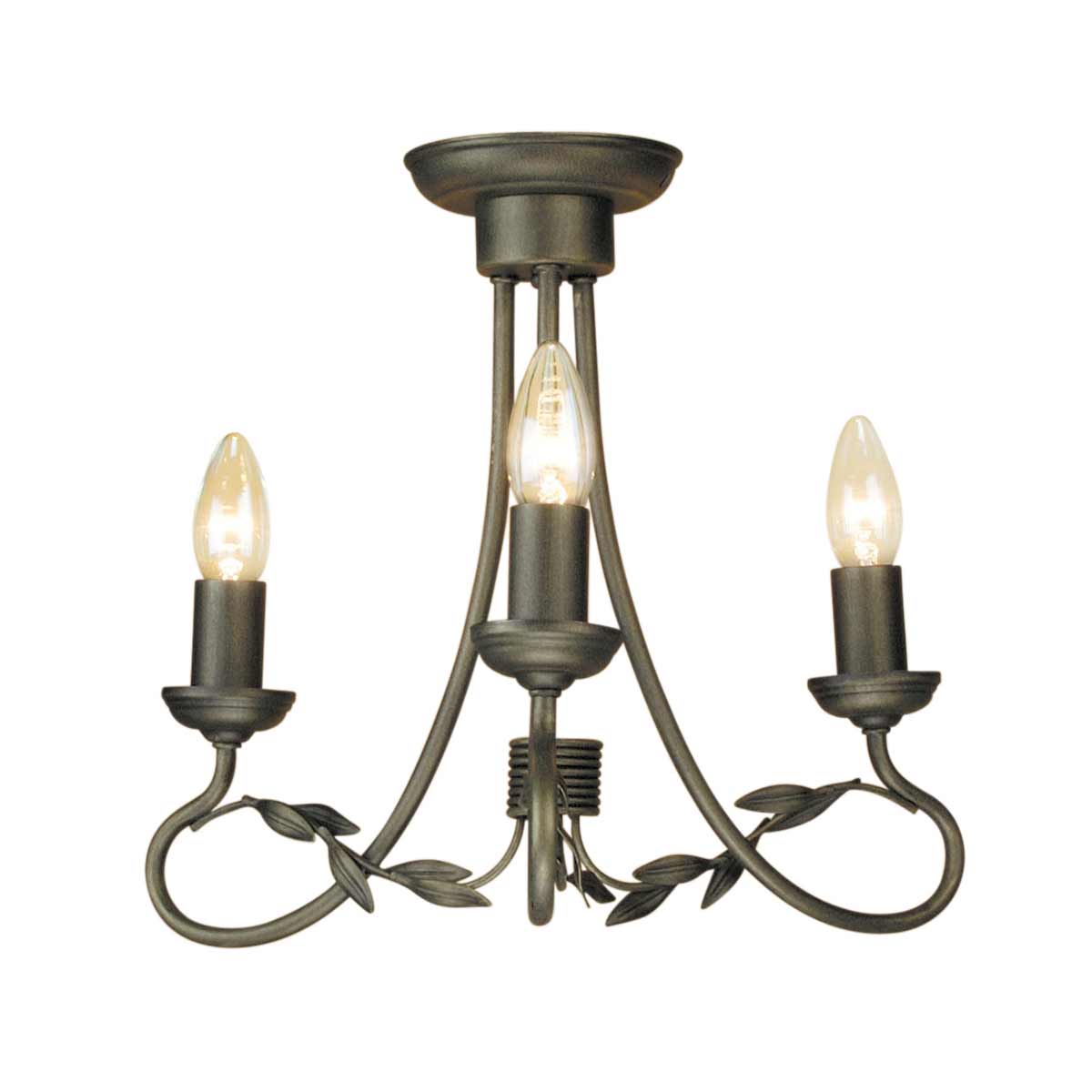 Lustre avec rosace de plafond, trois lumières allumées, vue de face.