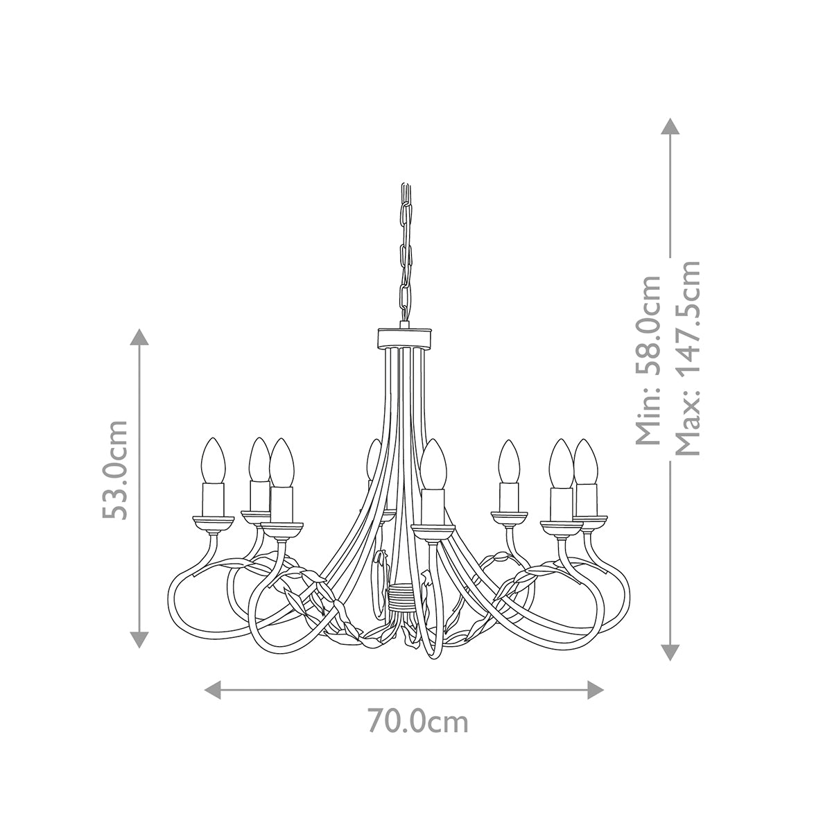 Schéma coté du luminaire : largeur 70 cm et hauteur réglable de 58 à 147,5 cm