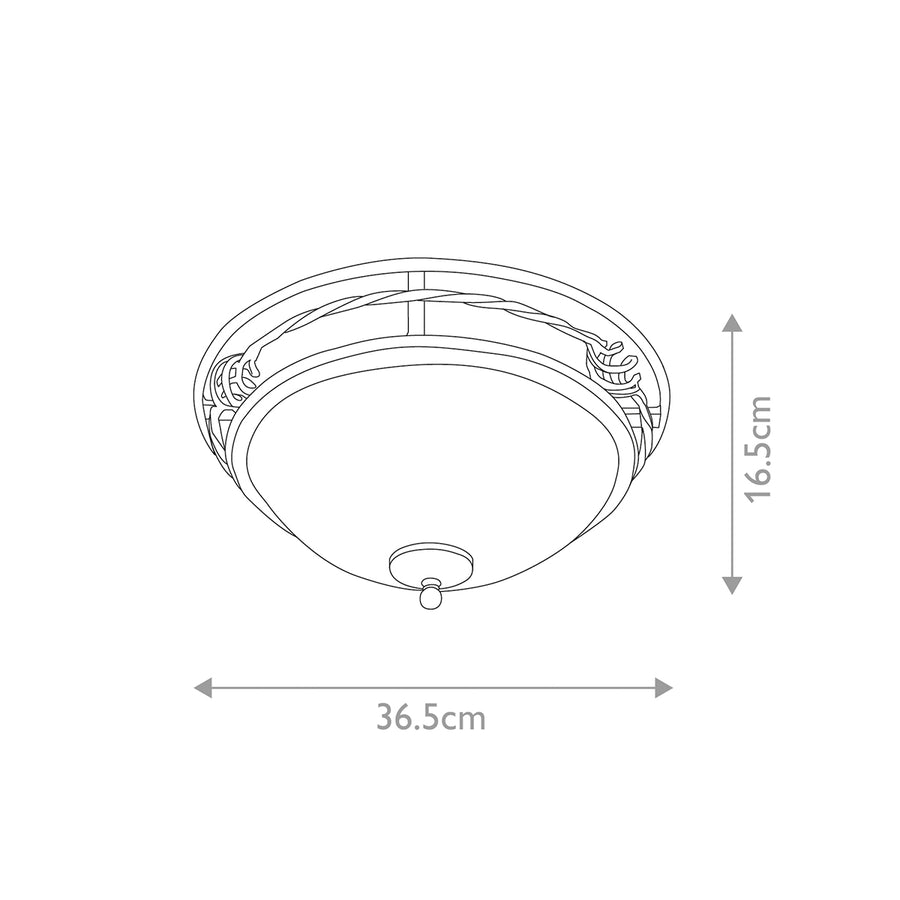 Schéma technique coté indiquant un diamètre de 36,5 cm et une hauteur de 16,5 cm