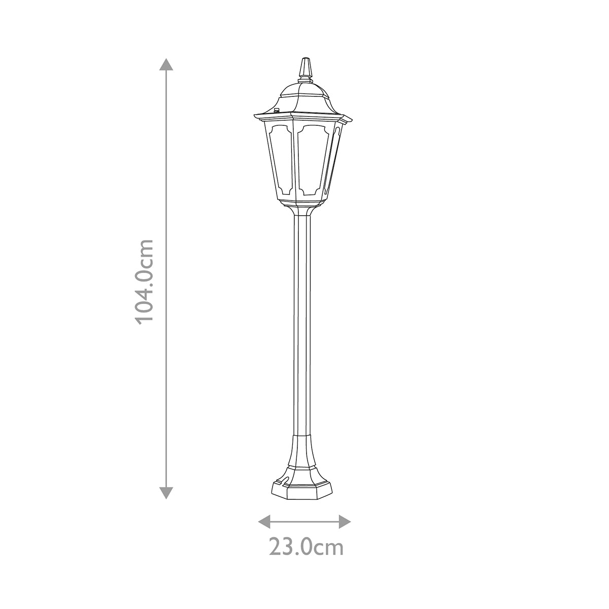 Schéma coté du lampadaire indiquant 104 cm de hauteur et 23 cm de base