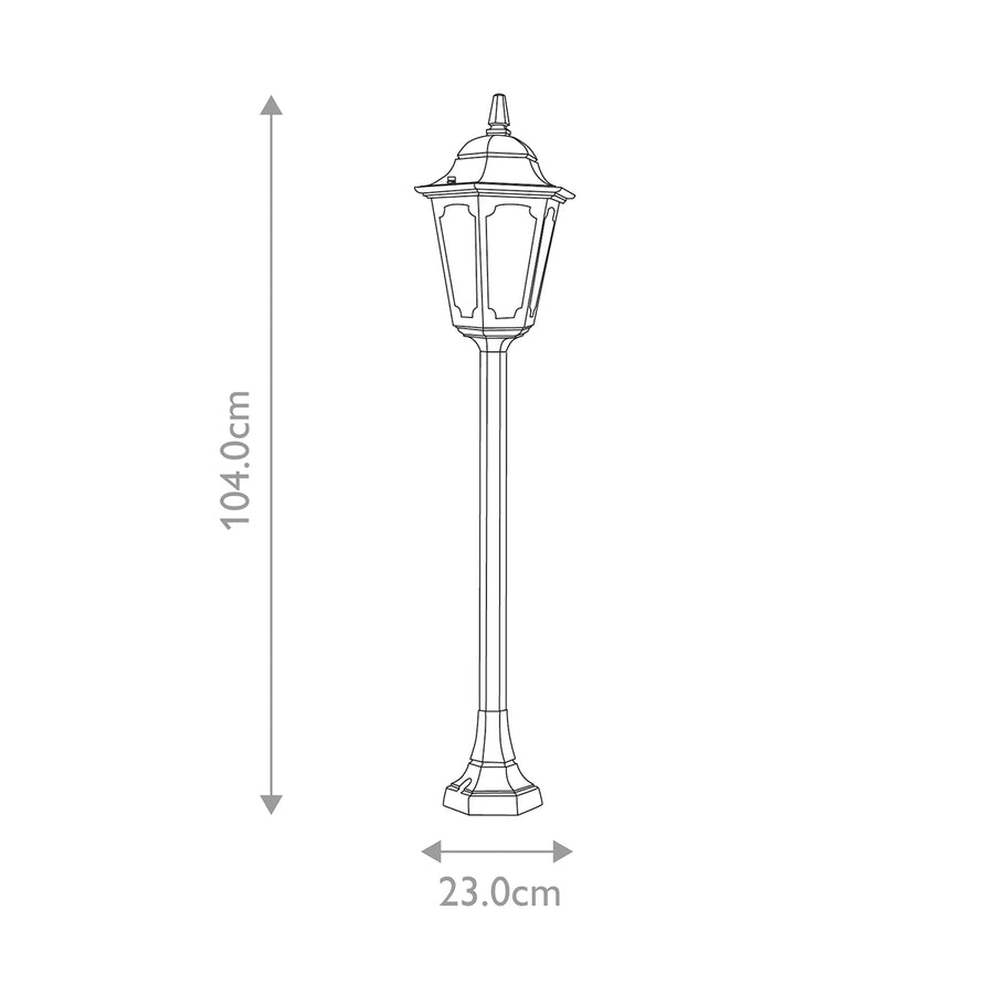 Schéma coté du lampadaire indiquant 104 cm de hauteur et 23 cm de base