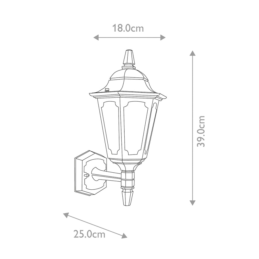 Schéma coté de l'applique avec largeur 18 cm, hauteur 39 cm et profondeur 25 cm
