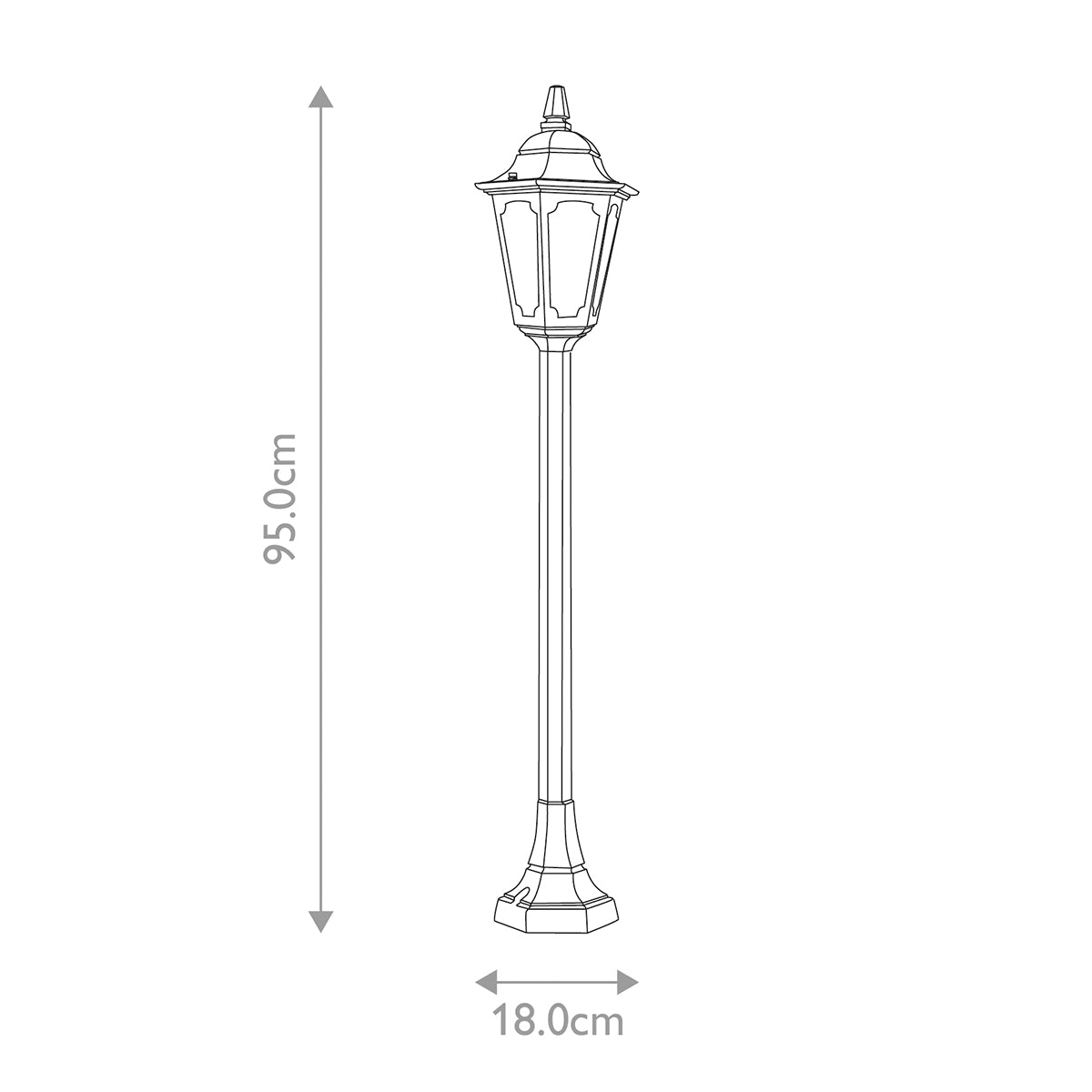 Schéma technique coté du lampadaire, hauteur 95 cm et base 18 cm