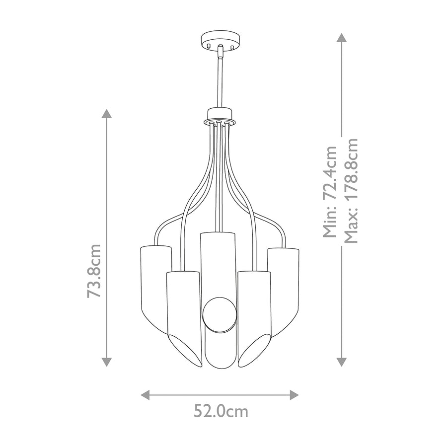 Schéma coté du lustre avec hauteur minimale, maximale et diamètre.