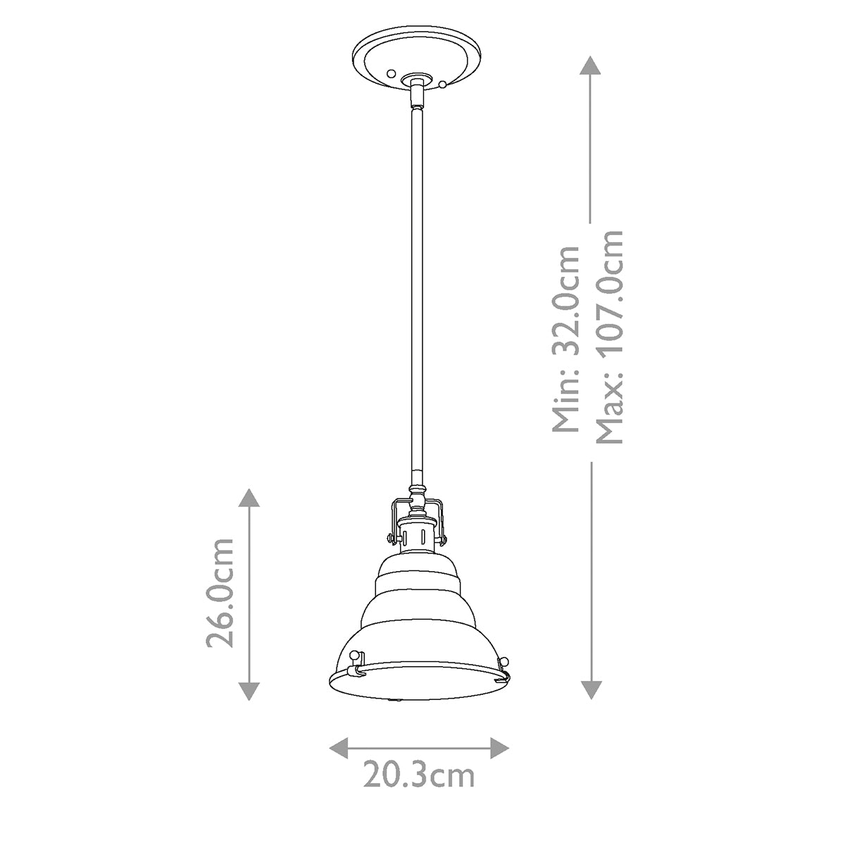 Schéma technique coté indiquant hauteur minimale, maximale, diamètre et hauteur de l'abat-jour