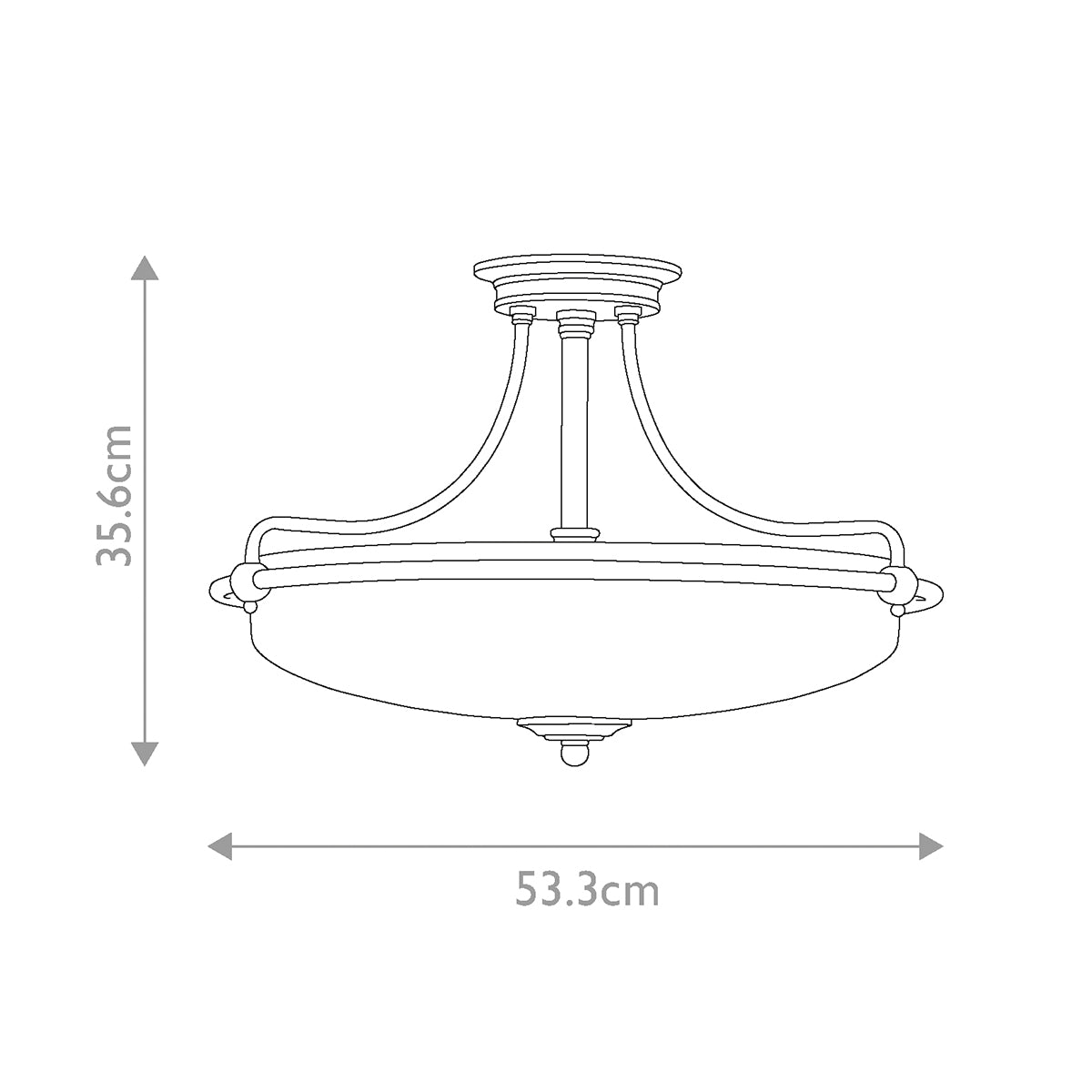 Schéma coté du plafonnier indiquant 35,6 cm de hauteur et 53,3 cm de largeur.