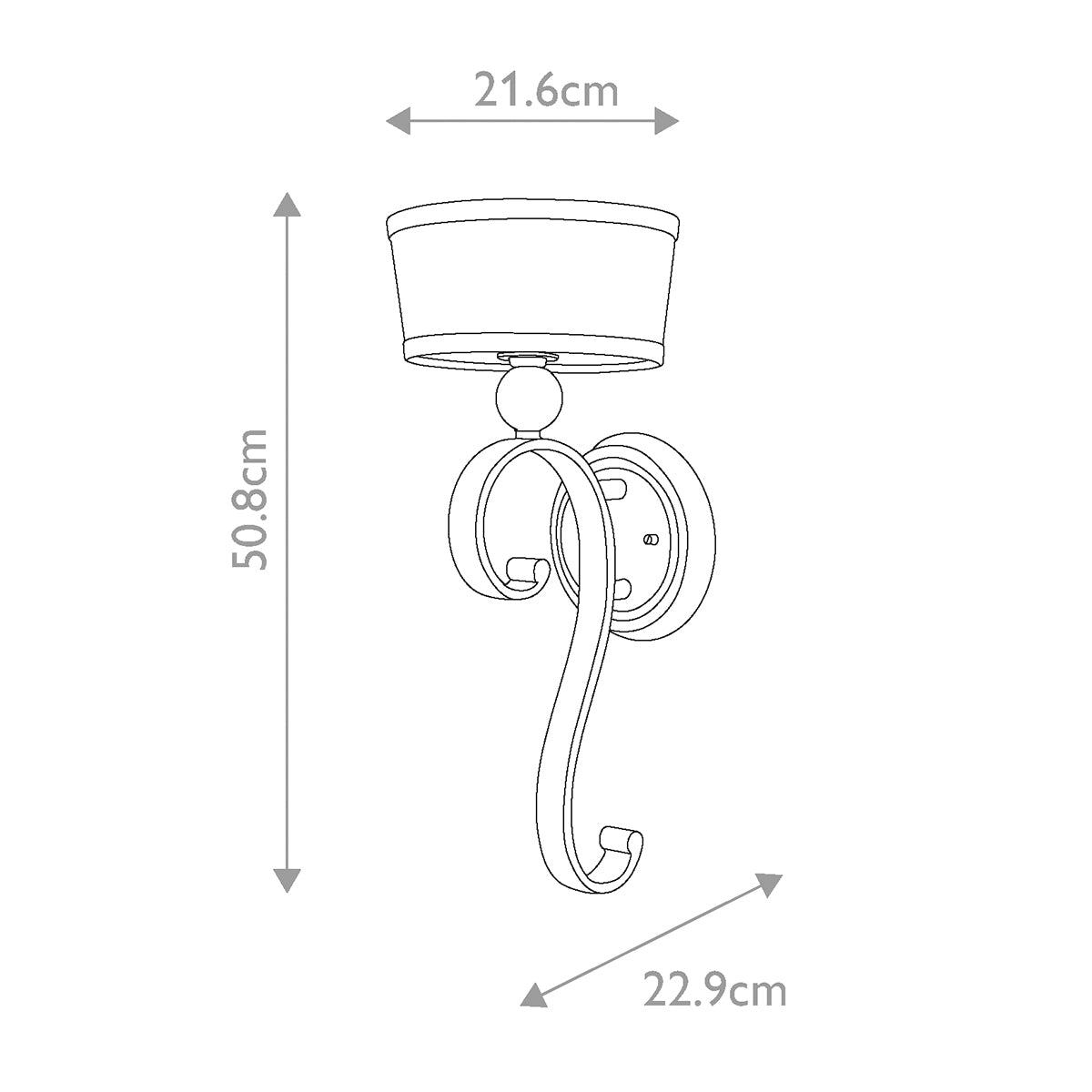 Schéma de dimensions avec 50,8 cm, 21,6 cm et 22,9 cm