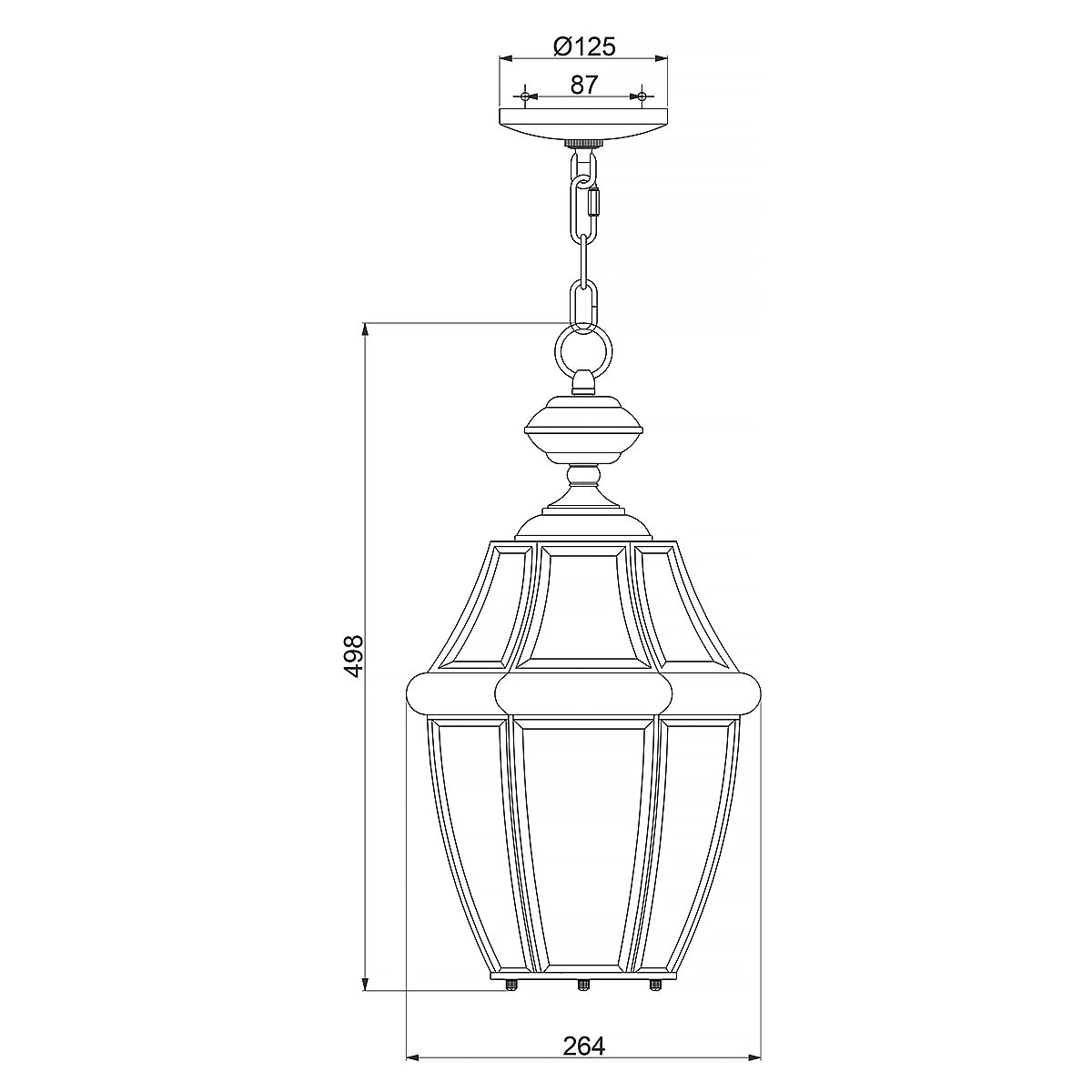 Schéma technique coté indiquant hauteur totale et diamètre du luminaire