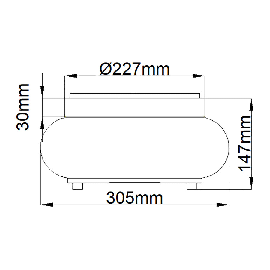 Schéma technique coté, diamètre 227 mm, hauteur 147 mm, largeur 305 mm