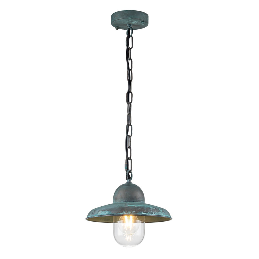 Vue d'ensemble de la suspension avec rosace de plafond, chaîne et abat-jour patiné