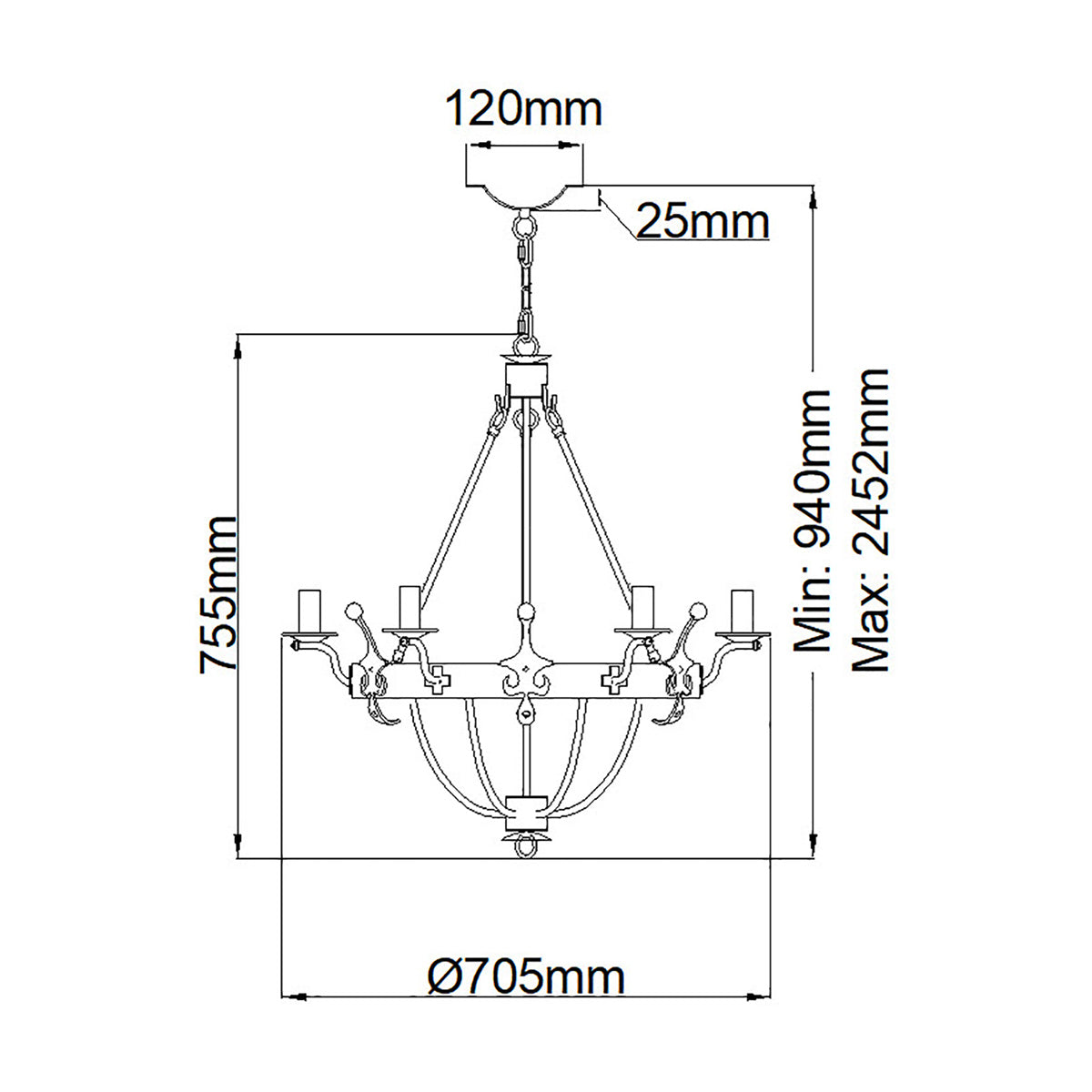 Schéma de dimensions du lustre avec diamètre 705 mm et hauteur