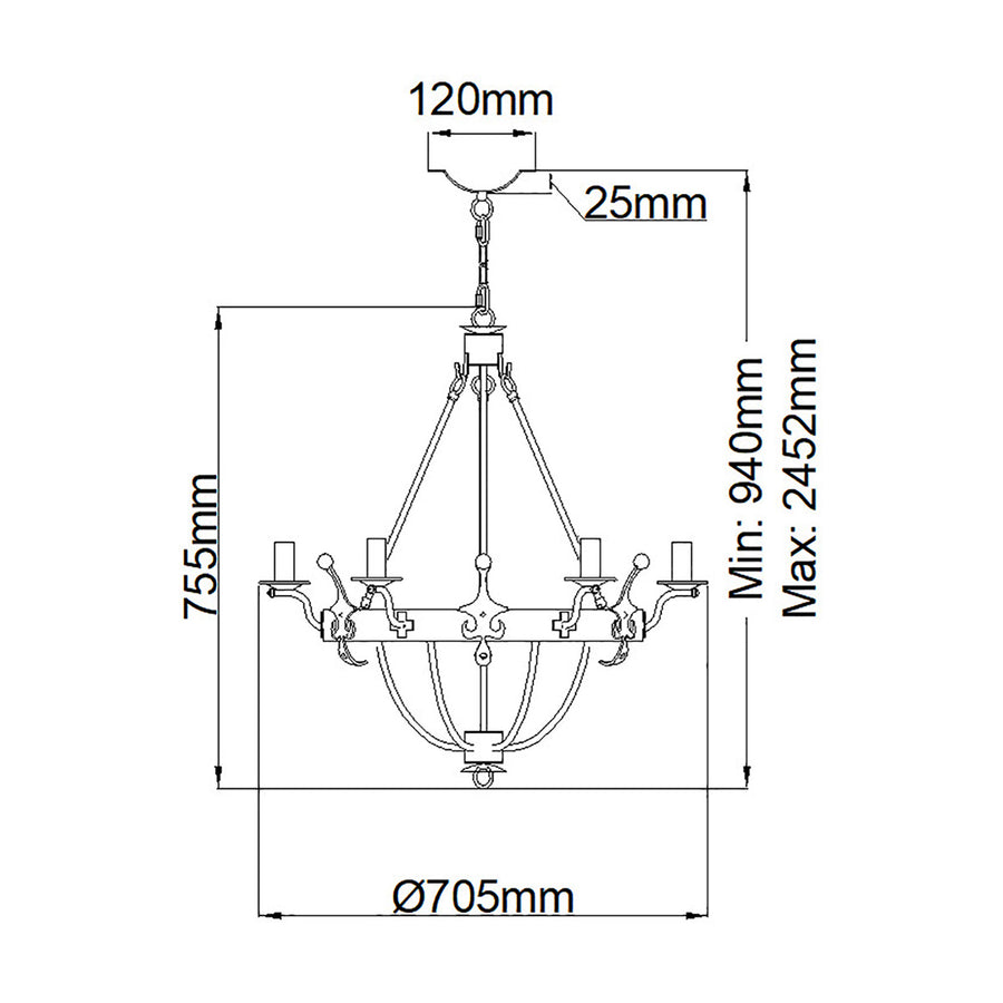 Schéma de dimensions du lustre avec diamètre 705 mm et hauteur