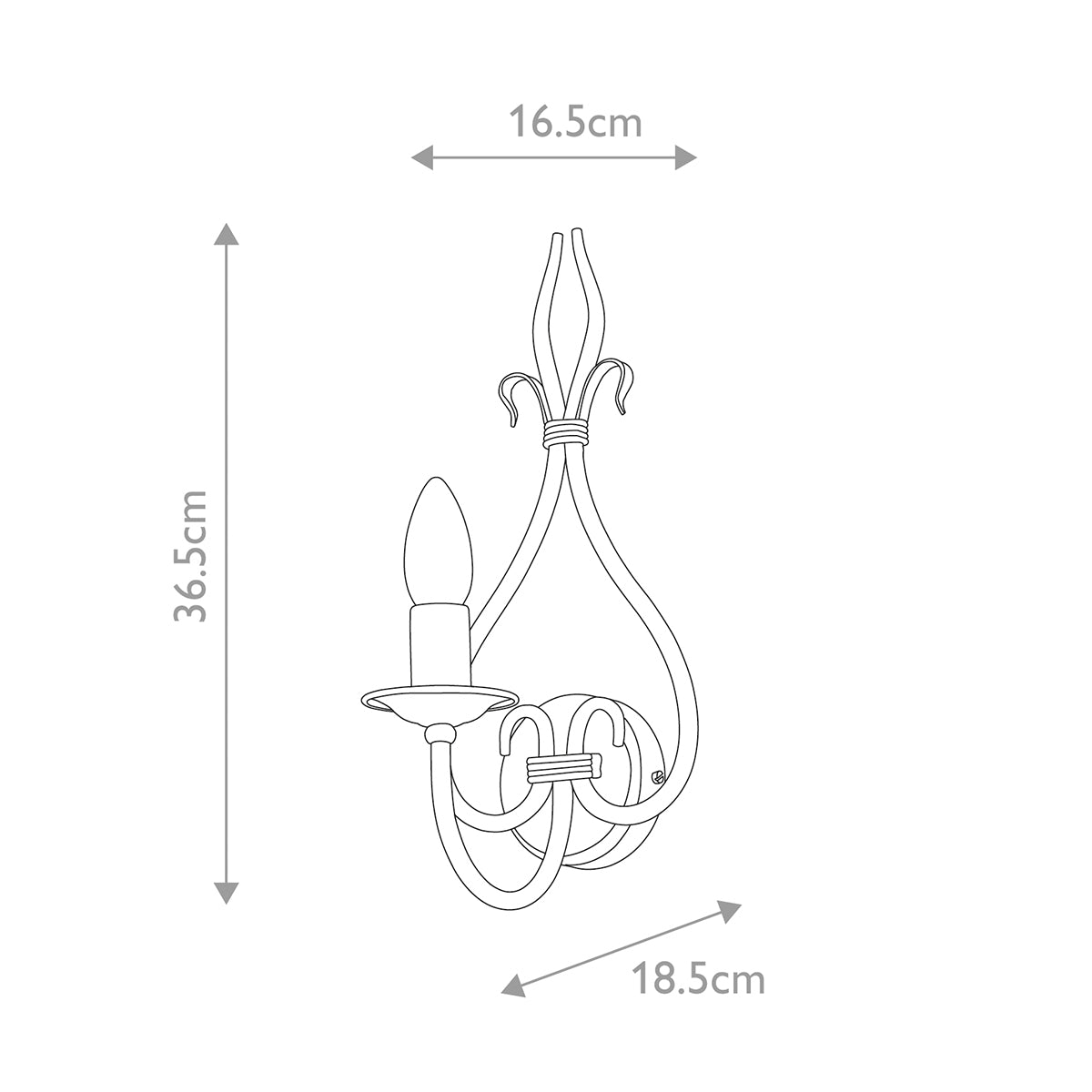 Schéma technique coté de l'applique : hauteur 36,5 cm, profondeur 18,5 cm, largeur 16,5 cm