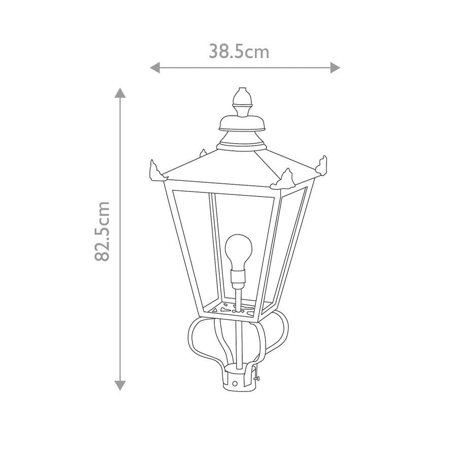 Schéma coté indiquant hauteur 82,5 cm et largeur 38,5 cm du luminaire.