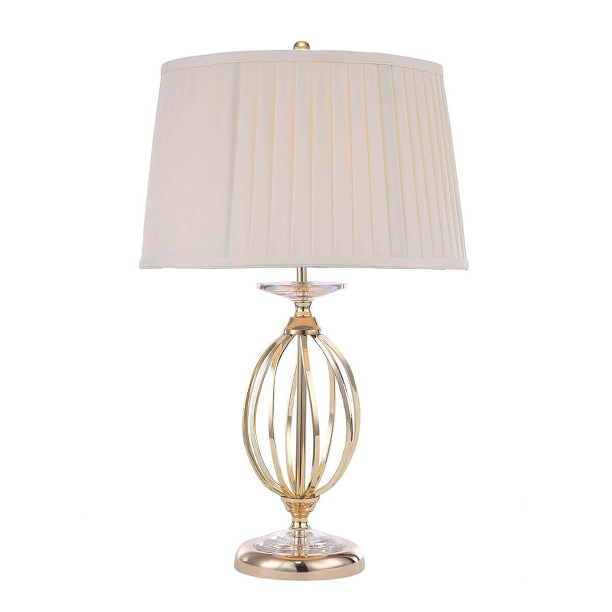 Lampe à poser de face, abat-jour plissé crème et base ajourée en laiton poli