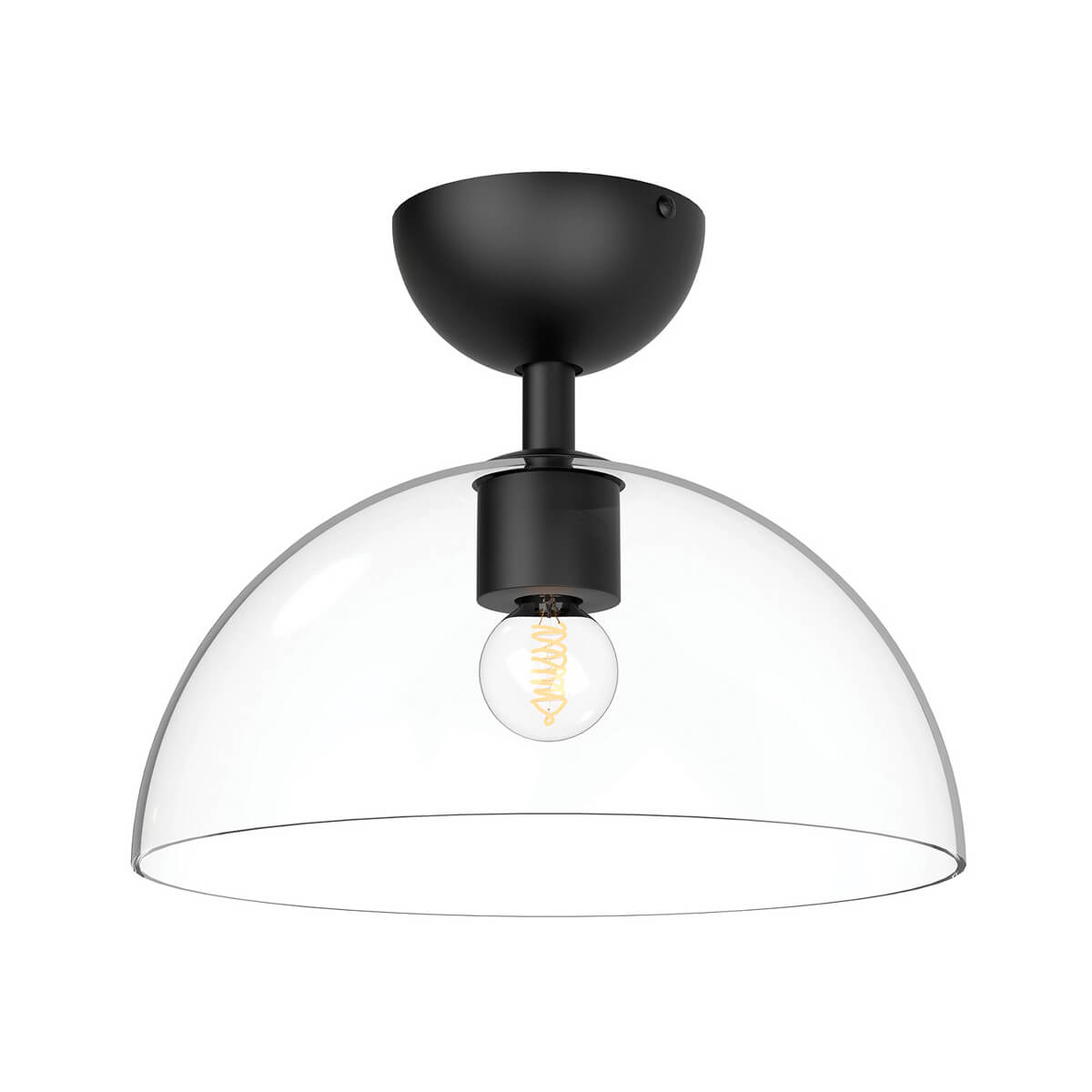 Plafonnier noir mat avec abat-jour en verre transparent et ampoule visible à l'intérieur